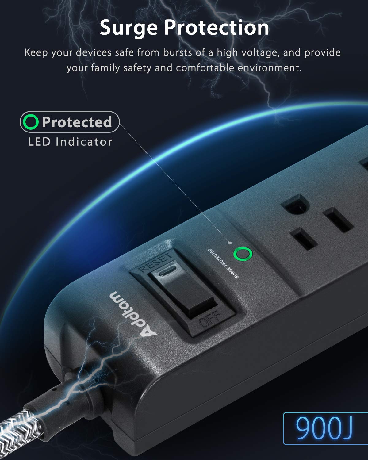 Extension Cord 15 ft - Long Power Strip Surge Protector, Flat Plug, Overload Surge Protection, 5 Outlets 3 USB Charging Ports, Multi Plug Outlet Extender for Indoor Home Office Dorm Room Essentials