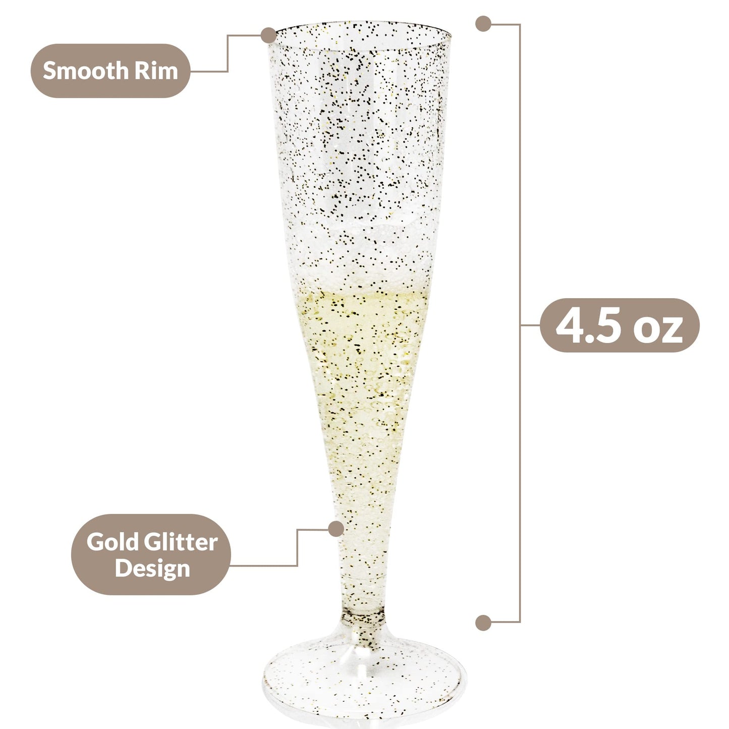 Reli. (100 Bulk Pack Gold Glitter Plastic Champagne Flutes 4.5 Oz | Clear Plastic Champagne Glasses/Flutes | Disposable, BPA-Free, Shatterproof | Perfect for Mimosa, Cocktail, Wedding, Party Toasting
