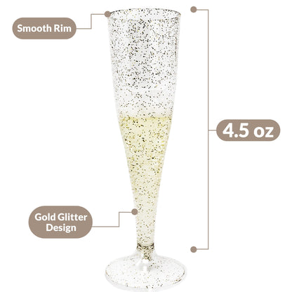 Reli. (100 Bulk Pack Gold Glitter Plastic Champagne Flutes 4.5 Oz | Clear Plastic Champagne Glasses/Flutes | Disposable, BPA-Free, Shatterproof | Perfect for Mimosa, Cocktail, Wedding, Party Toasting