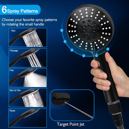 Shower Head 12 Inch, High Pressure Rainfall Shower Head/Handheld Shower Combo with Extension Arm, 6 Settings Anti-leak Shower Head with Holder, Hose, Height Adjustable Dual Shower Head, Matte Black