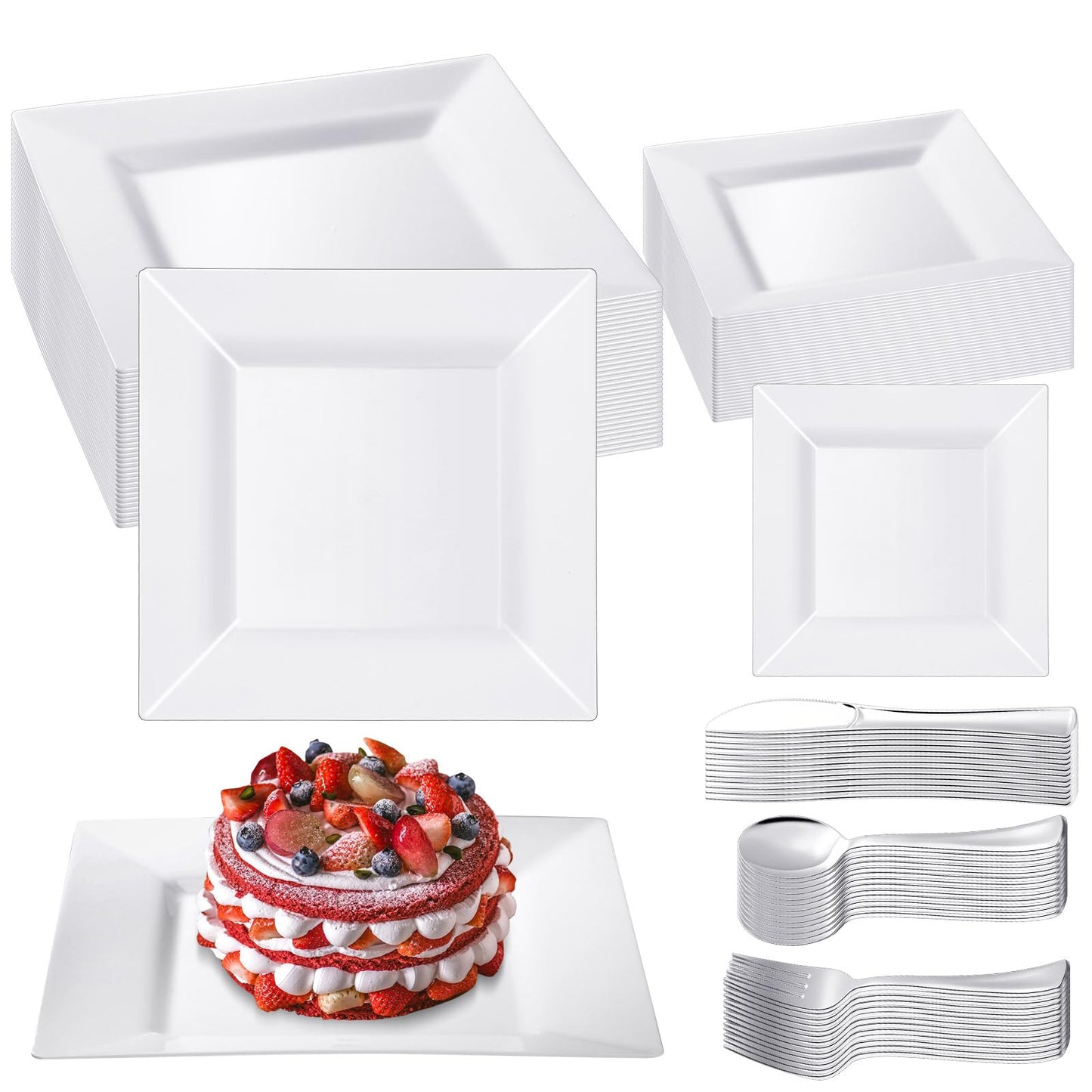 UPDATE: DEAD! 300 Pieces Square Plastic Dinner Plates Bulk White Plastic Dinnerware Set Include 60 Dinner Plates 60 Dessert Plates 60 Forks 60 Spoons 60 Knives Disposable Plates Set for Parties Wedding Picnics