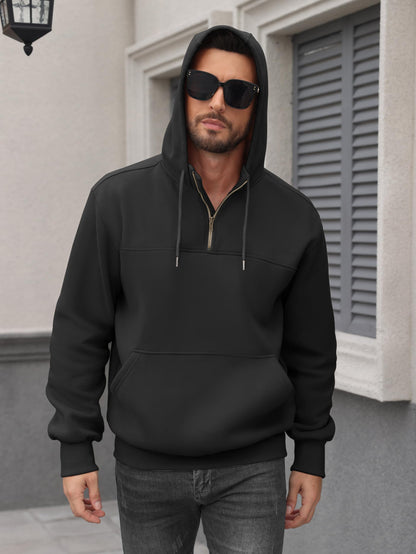 Caracilia Mens Half Zip Hoodies Midweight Loose Fit Fleece Quarter Zip Pullover Sweatshirt-Black-S