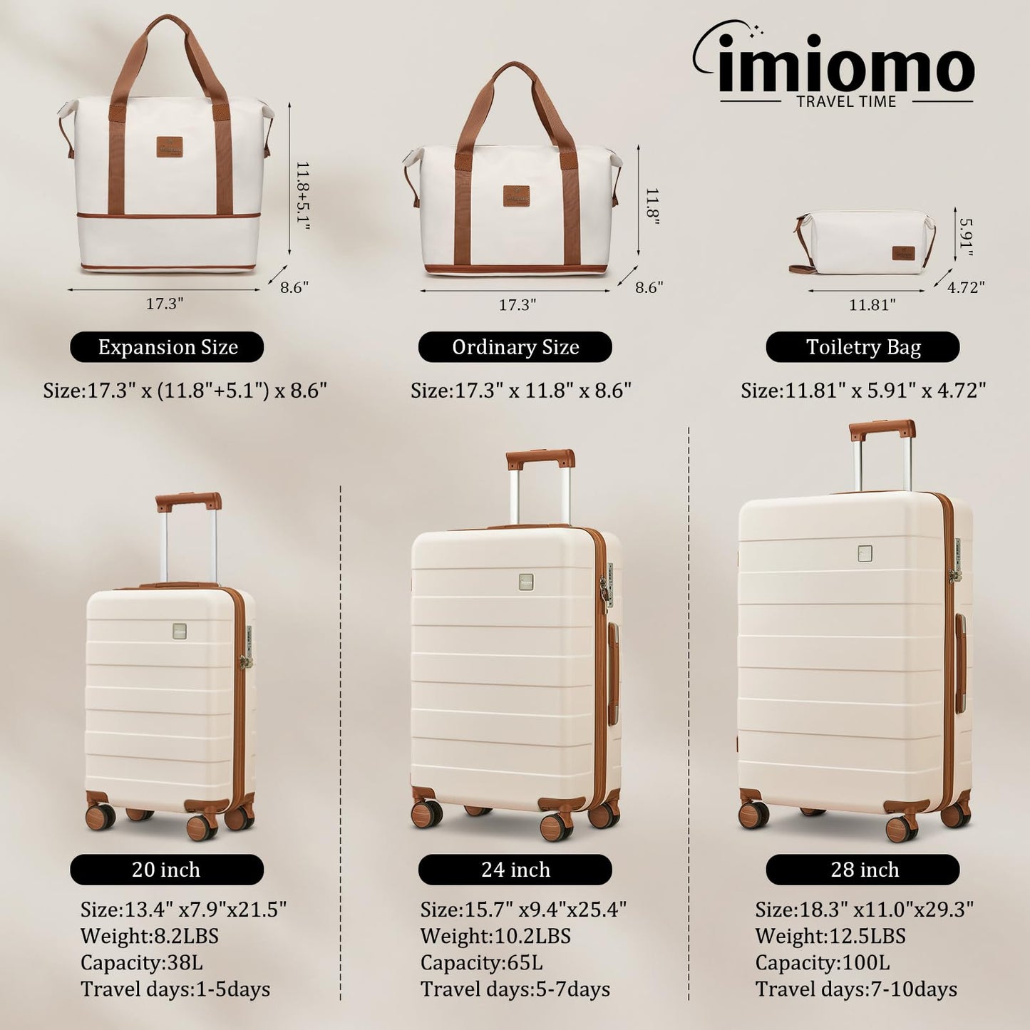 imiomo 3 Piece Luggage Sets,Suitcase with Spinner Wheels,Luggage Set Clearance for Women, Lightweight Rolling Hardside Travel Luggage with TSA Lock (Beige, 5PCS)