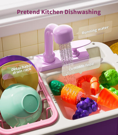 Geyiie Kitchen Sink Toy for Toddlers, Play Sink with Running Water, Upgraded Real Faucet, Dish Rack & Play Cutting Food, Kids Kitchen Sink Toy Gifts for 3 4 5 6 7 Years Old