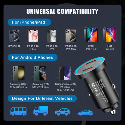 [MFi Certified] iPhone 15 Fast Car Charger, Mini 60W All Metal Dual USB C Car Charger Fast Charging Adapter & 2 Pack USB C to USB C Cord for iPhone 15/15 Plus/15 Pro/15 Pro Max/iPad Pro/Air/Mini