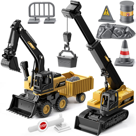 Geyiie Construction Crane Toys Trucks, Excavator Toys for Kids 3-5, Bulldozer Toys for Boys girls, Outdoor Play