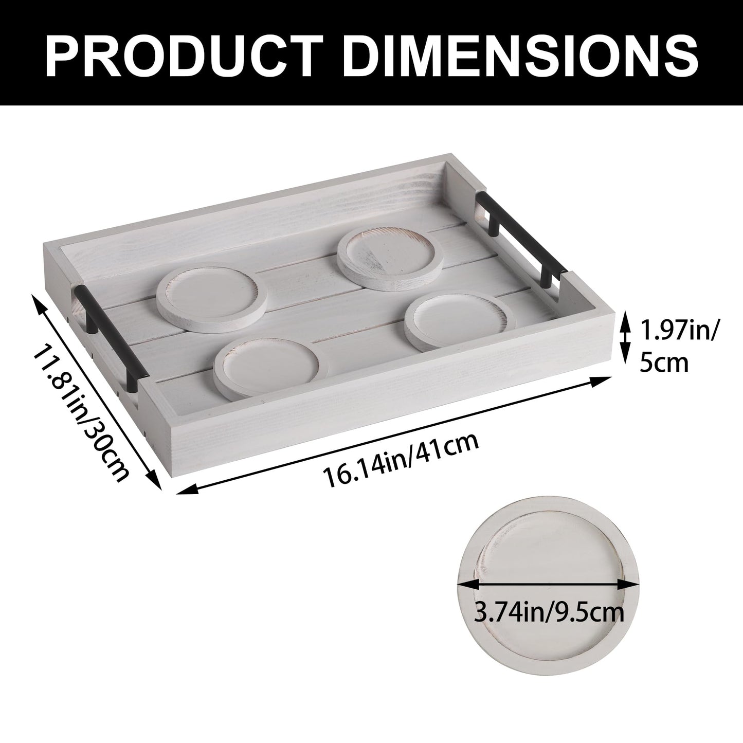 White Wood Serving Tray Farmhouse Decorative Ottoman Trays with 4 Round Coasters Coffee Table Tray Living Room Tray with Handles for Eating Breakfast in Bed White