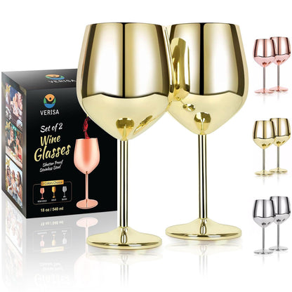 VERISA Stainless steel stemmed wine glasses,18oz Unbreakable Steel Wine glass, Shatterproof Metal wine Goblets for Outdoor, Picnic,Party, Gift Box Red wine 2 wine glasses (GOLD)