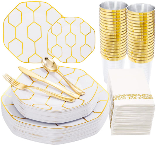COLOSUS 175PCS Gold White Party Plates Set