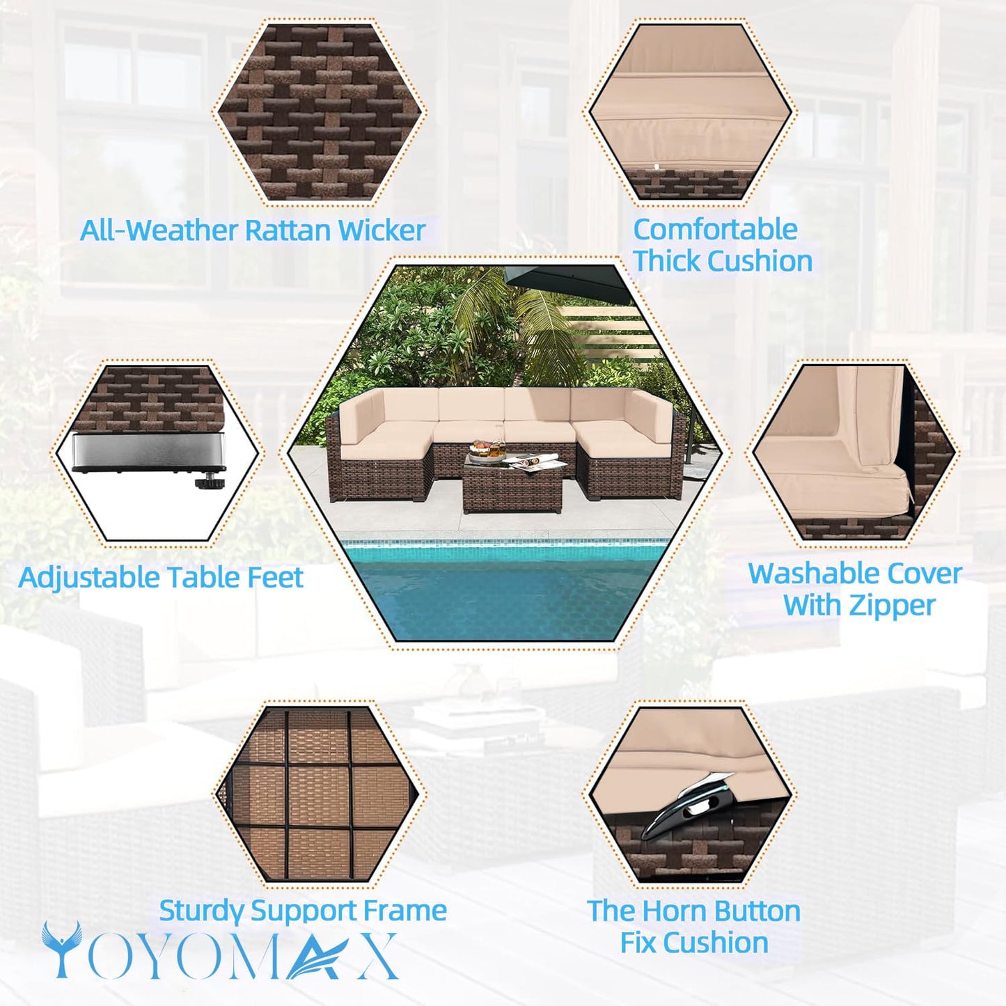 yoyomax 7-Piece Outdoor Patio Furniture, All-Weather Sectional PE Rattan Manual Weaving Wicker Glass Table&Cushion, 7PCS Conversation Sofa Set, Light Brown