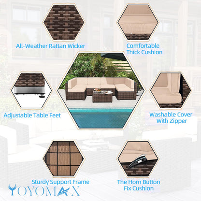 yoyomax 7-Piece Outdoor Patio Furniture, All-Weather Sectional PE Rattan Manual Weaving Wicker Glass Table&Cushion, 7PCS Conversation Sofa Set, Light Brown