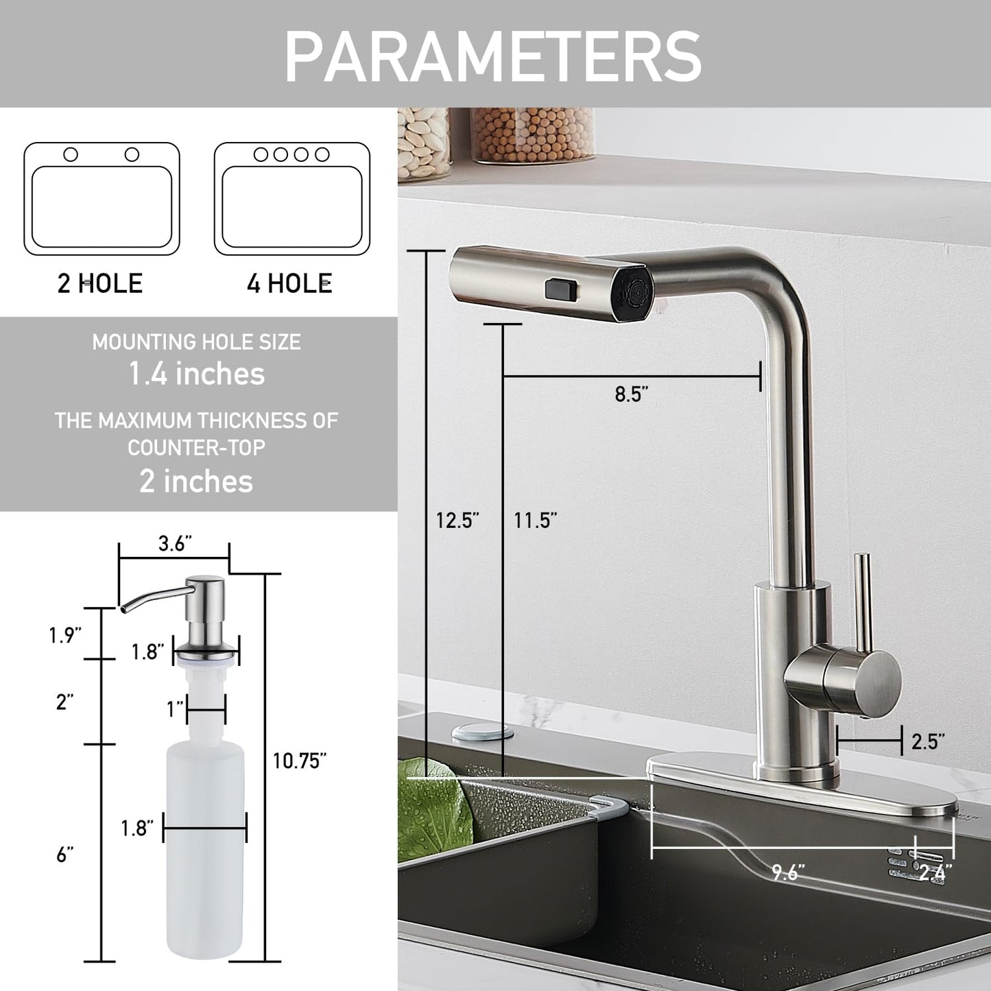 ZORIOU Kitchen Faucets with Pull Down Sprayer - Brushed Nickel Waterfall Kitchen Sink Faucet with Soap Dispenser - Single Hole Stainless Steel Kitchen Faucet - Modern Single Handle Kitchen Faucet