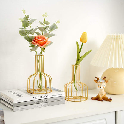 2PC Gold Vase for Centerpieces Home Decor, Clear Glass Test Tube Vases Decorative, 3.9" W x 5.9" H Metal Modern Flower Vase, Small Bud Vases Gifts for Women Wedding Living Room Table Decorations