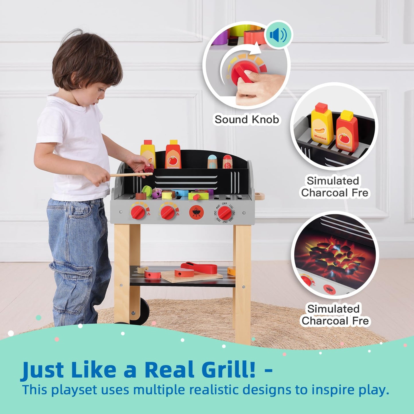 Kids Wooden Barbecue Grill Playset with Food