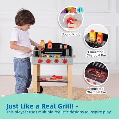 Kids Wooden Barbecue Grill Playset with Food