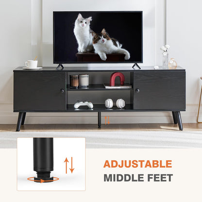 Sweetcrispy TV Stand for 55 60 inch Television, Entertainment Center with Storage, 2 Cabinet Media Console Table, Soft Hinge Door with Handle, Wood Feet, Living Room, Bedroom Furniture, Black
