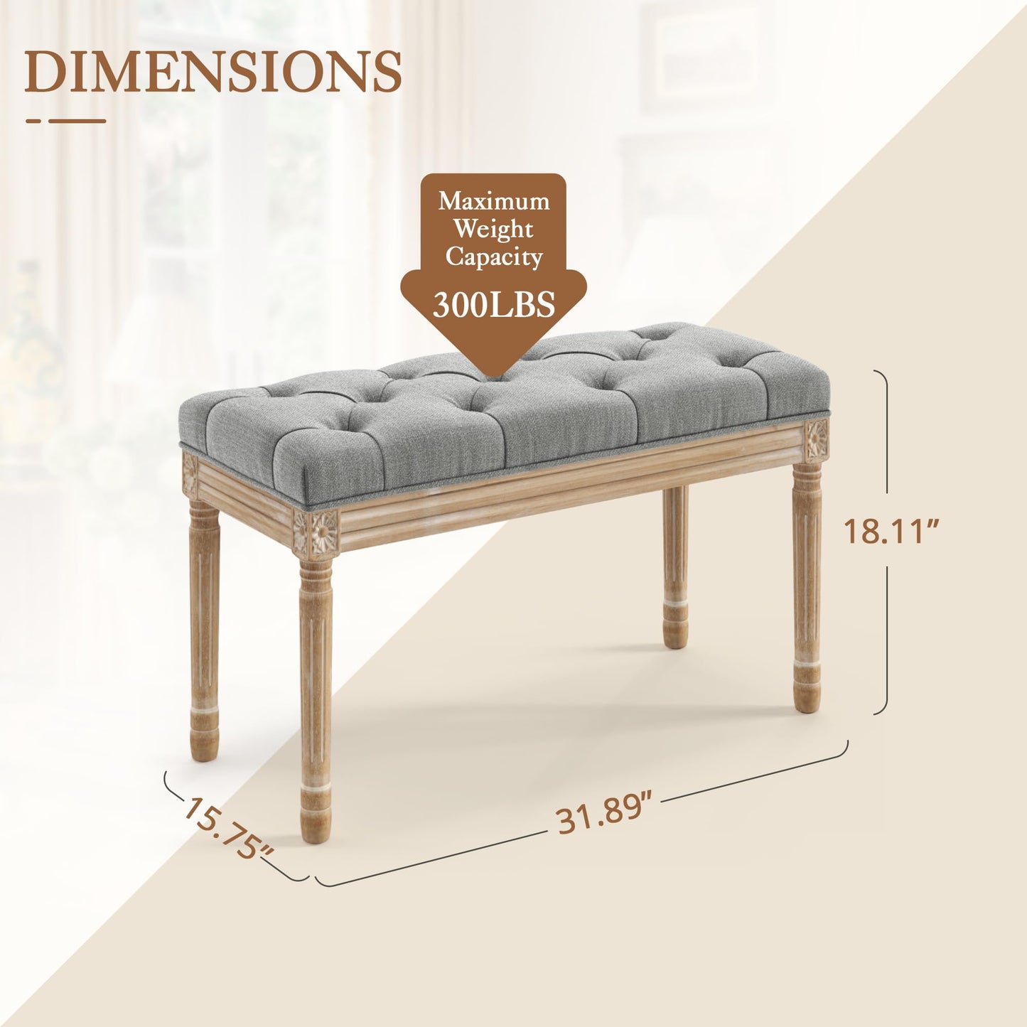 LUE BONA 32" Entryway Bench, Vintage French Tufted End of Bed Bench, Upholstered Fabric Ottoman Bench with Carved Wood Legs for Bedroom,Dining Bench Piano Stool for Living Room,Foyer,Gray