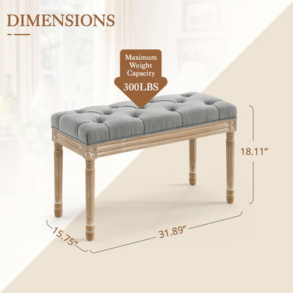 LUE BONA 32" Entryway Bench, Vintage French Tufted End of Bed Bench, Upholstered Fabric Ottoman Bench with Carved Wood Legs for Bedroom,Dining Bench Piano Stool for Living Room,Foyer,Gray