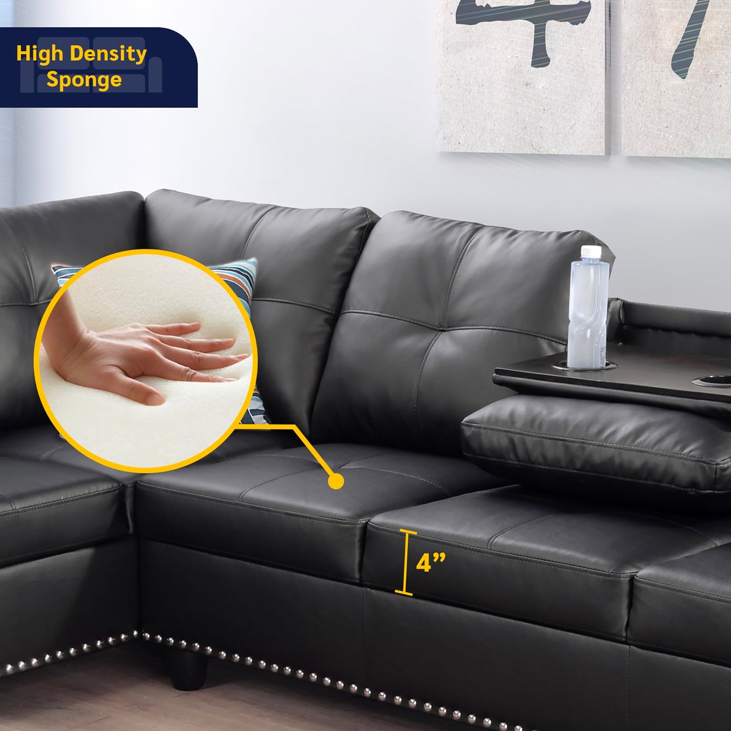 FUOROLA Naza Left Facing Faux Leather Set (Sofa+Chaise), 97.5"x69.5"x32.5", Blk