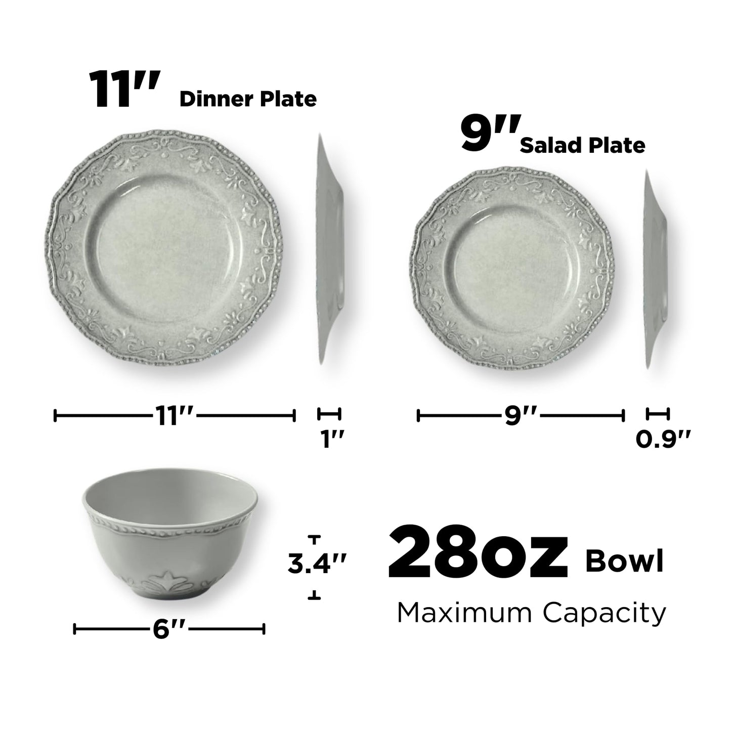 TP 18-Piece Dinnerware Set, Melamine Dinner Dishes Set with Bowls and Salad Plates, Non-breakable Lightweight, Service for 6 (Gray)