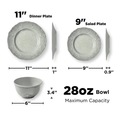 TP 18-Piece Dinnerware Set, Melamine Dinner Dishes Set with Bowls and Salad Plates, Non-breakable Lightweight, Service for 6 (Gray)