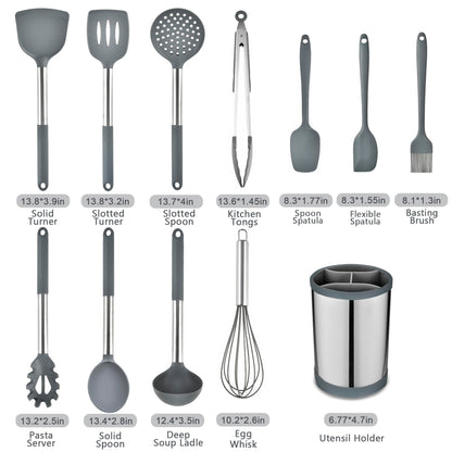 Silicone Cooking Utensil Set,VIVAYO Kitchen Utensils 12 Pcs Utensils Set, Heat Resistant Silicone, Ladle,Spatula,Spoon,Turner Tongs, Whisk, Stainless Steel Handle Silicone Utensil with Holder, Gray