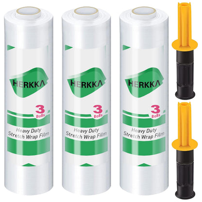 Stretch Film, HERKKA Stretch Wrap with Handles Industrial Strength, Moving Wrapping Plastic Roll, Shrink Wrap for Pallet Wrap, 15" x 1000 Feet, 3 Pack, 60 Gauge