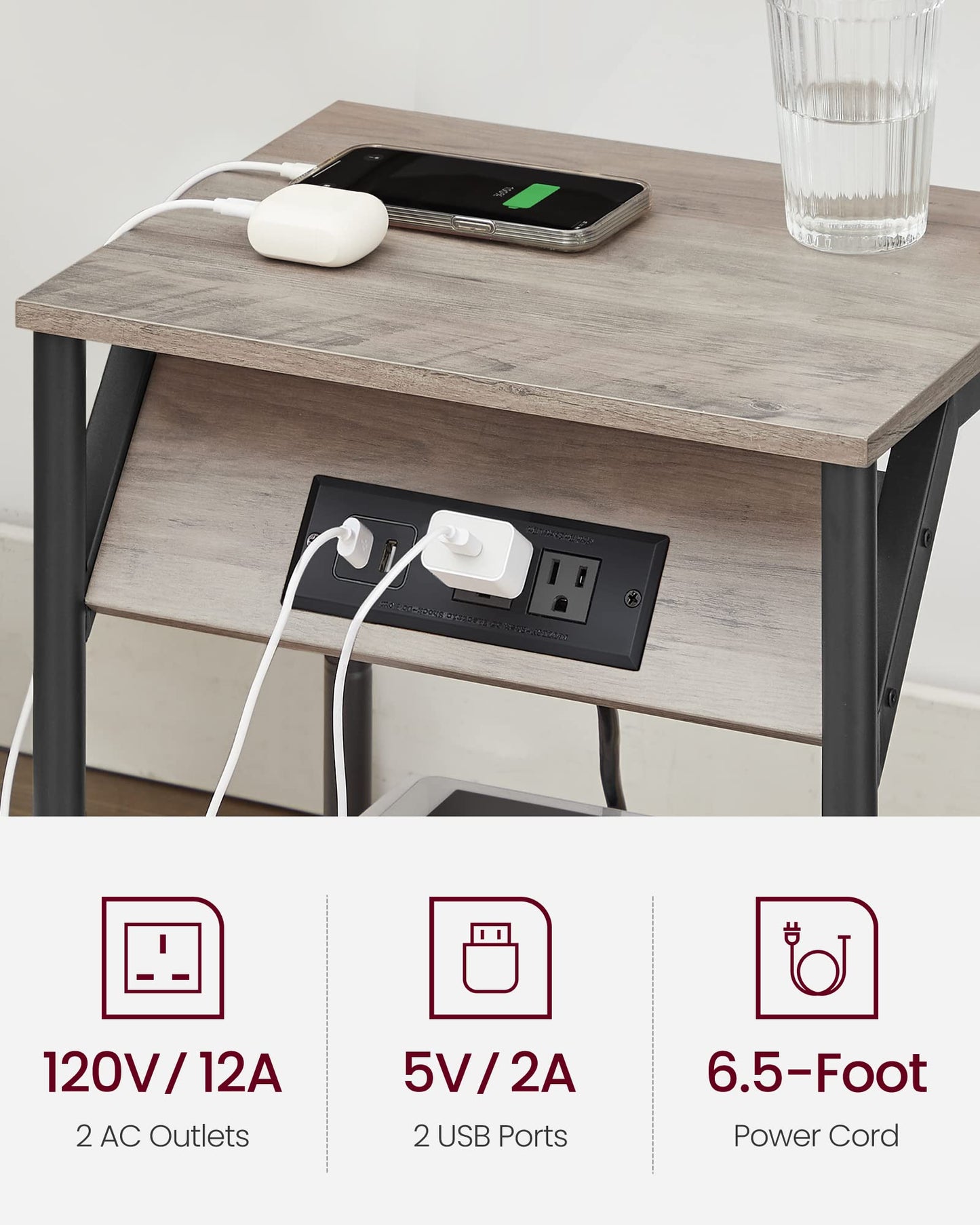 Set of 2 VASAGLE Side Tables with Charging Station