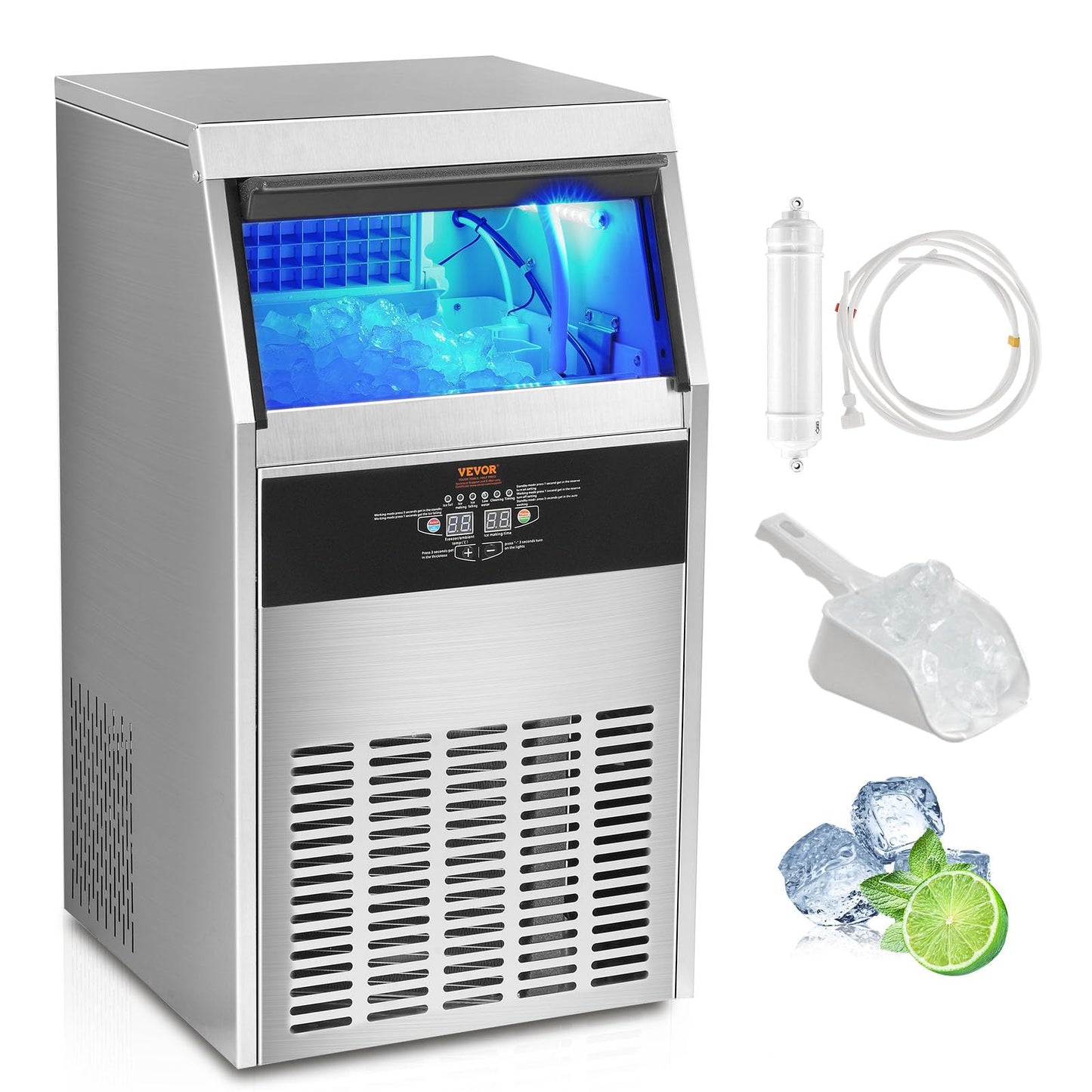 VEVOR Commercial Ice Maker Machine, 150lbs/24H Ice Maker Machine with 33lbs Storage Capacity, 70 Ice Cubes in 12-15 Minutes, Built in Electric Drain Pump Ice Maker for Bar Home Office Restaurant