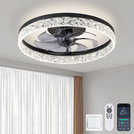 Flush Mount Black Ceiling Fan with Remote Light