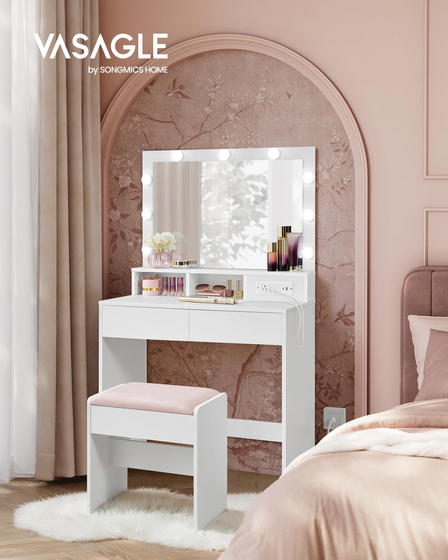 VASAGLE Makeup Vanity Desk with Lights and Stool