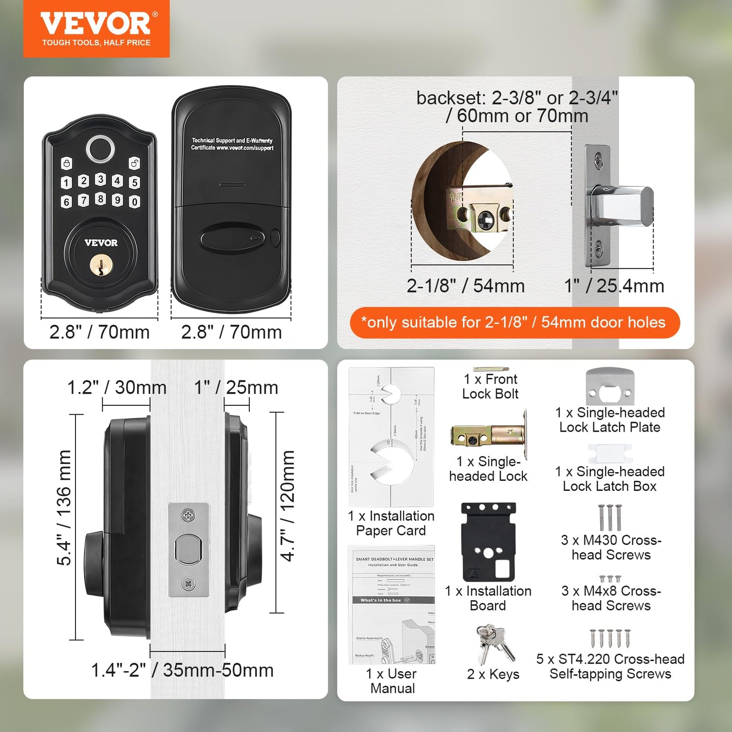 VEVOR Fingerprint Door Lock, Keyless Entry Door Lock with Fingerprint/Keypad Code/Key, Auto Lock, Anti-Peeking Password, Electronic Keypad Deadbolt with 300 Users, IP 63 Rating for Front Door