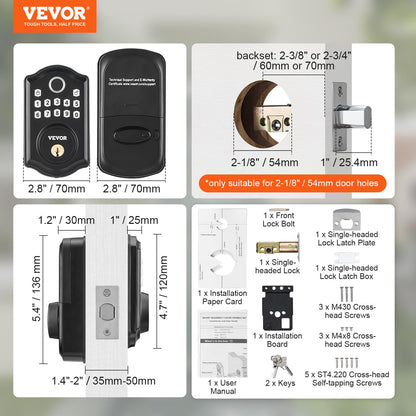 VEVOR Fingerprint Door Lock, Keyless Entry Door Lock with Fingerprint/Keypad Code/Key, Auto Lock, Anti-Peeking Password, Electronic Keypad Deadbolt with 300 Users, IP 63 Rating for Front Door