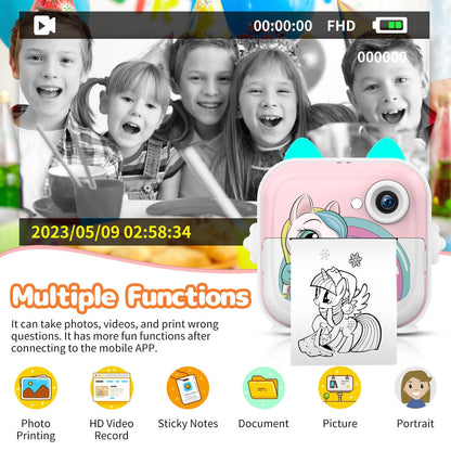 Instant Print Camera for Kids, Christmas Birthday Gifts for Girls Boys, Selfie Digital Camera with 1080P Videos, Portable Travel Camera Toy for 6+ Years Old Girl with Print Paper & 32G Card