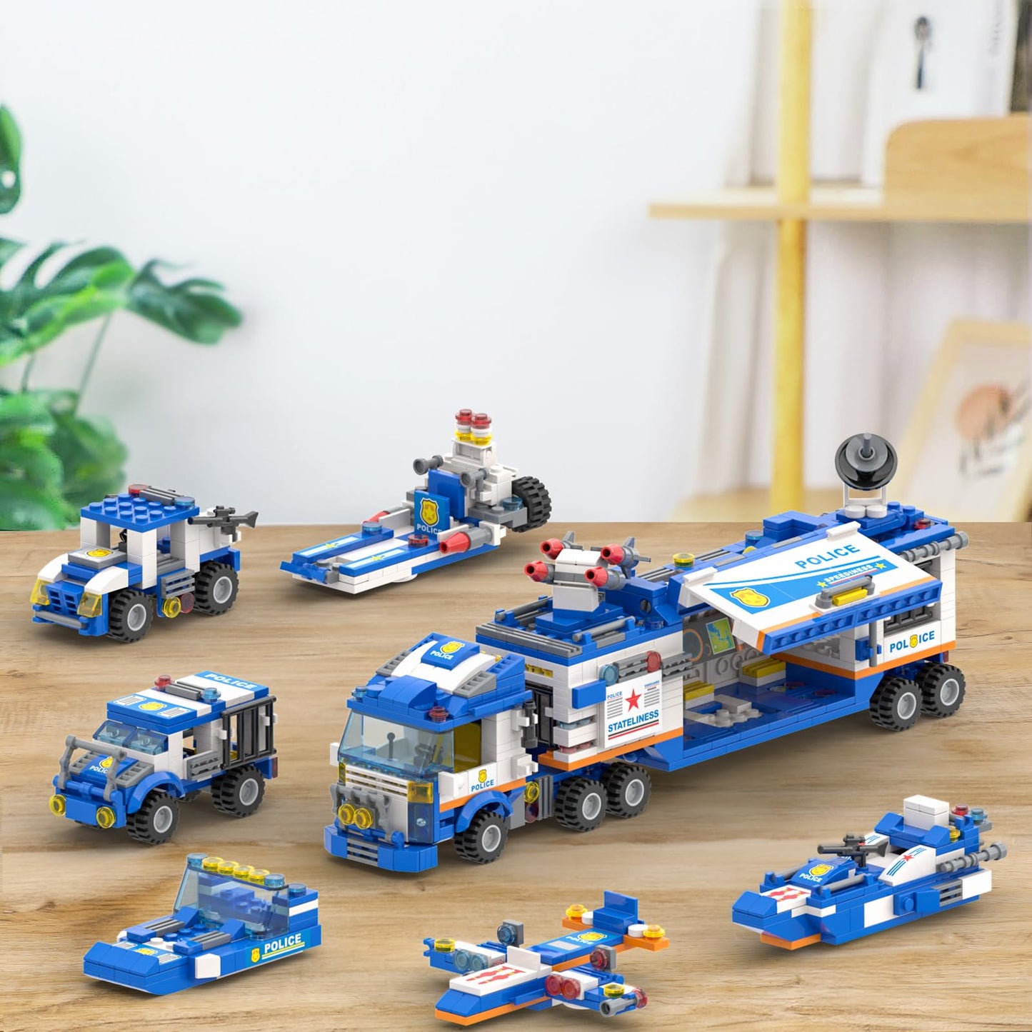 WishaLife City Police Mobile Command Center Truck Toy Building Block Set, with 3 Police Car Toy, Airplane Toy, Boat Toys, Helicopter Toy, Fun Police Toys Gift for Kids, Boys, Girls Age 6 Plus