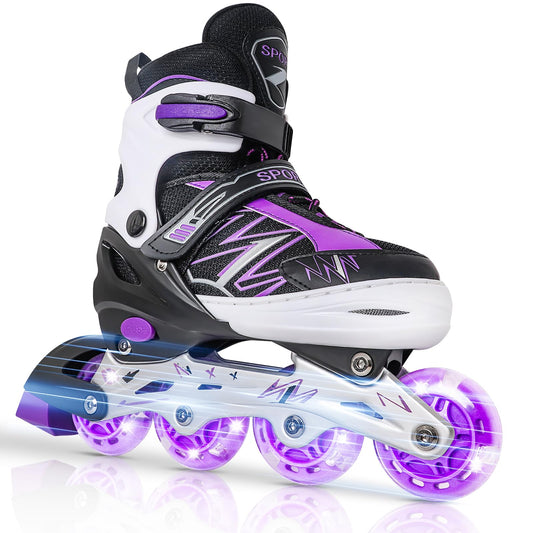 LEJIJIT Adjustable Inline Skates for Kids Girls Boys Children Beginners, Black & Purple Inline Roller Skates with Light Up Wheels for Kids and Youth for Indoors Outdoors Sports (Medium)