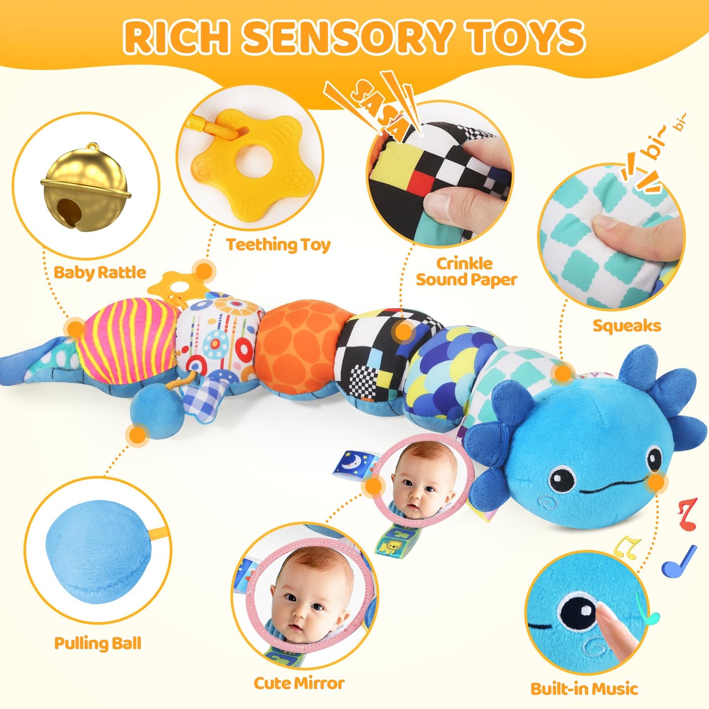 Baby Toys for 0-6 6-12 Months, Plush Axolotl Toy with Crinkle and Rattles for Infant Newborn, Sensory Music Animal Stuffed Toy for 0 1 2 3 4 5 6+ Month, Tummy Time Toys Gifts for 0-3-6-12 Months,Blue