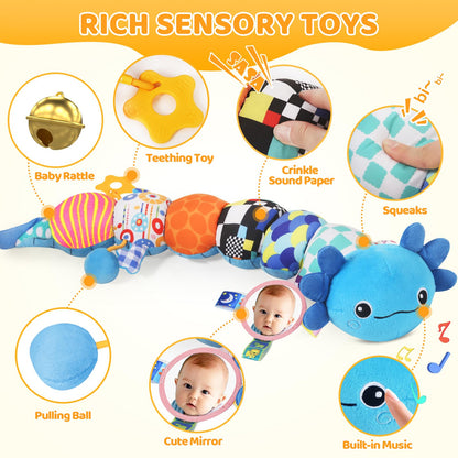 Baby Toys for 0-6 6-12 Months, Plush Axolotl Toy with Crinkle and Rattles for Infant Newborn, Sensory Music Animal Stuffed Toy for 0 1 2 3 4 5 6+ Month, Tummy Time Toys Gifts for 0-3-6-12 Months,Blue