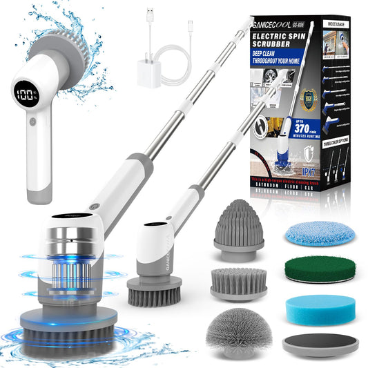 Electric Spin Scrubber, Cordless Shower Scrubber with 6 Replaceable Brush Heads, 2 Adjustable Speeds, and Adjustable Extension Handle, Spin Brush for Cleaning Bathroom Kitchen Floor Tile Tub (Grey)
