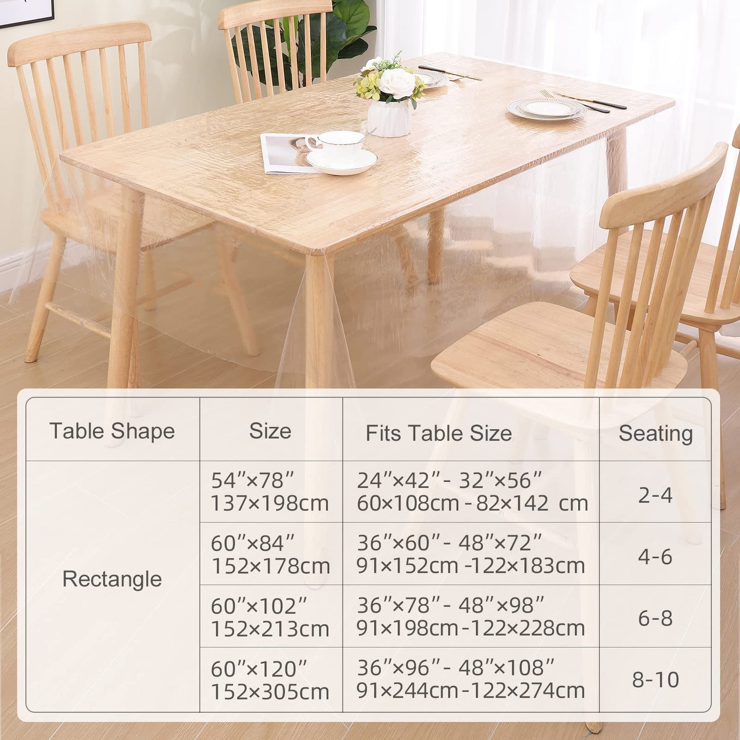 smiry Clear Plastic Table Cloth 60x84 Inch, Waterproof Vinyl Rectangle Tablecloth Protector, Oil Spill Proof Wipeable Transparent Tablecloths Cover for Dining, Picnic, Camping, Outdoor