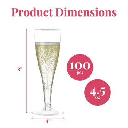 Prestee 100 Plastic Champagne Flutes - Disposable 4.5 oz Champagne Glasses for Weddings, Parties, and Toasting - Elegant Flutes for Mimosas and Cocktails - Clear Plastic Champagne Flutes