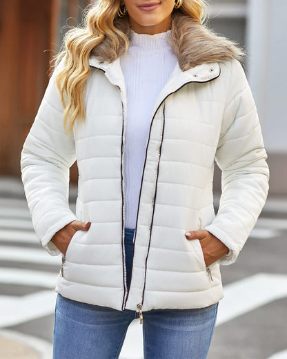 Vetinee Women Casual Faux Fur Lapel Zip Pockets Quilted Parka Jacket Puffer Coat Brilliant White Large (Fits US 12-US 14)