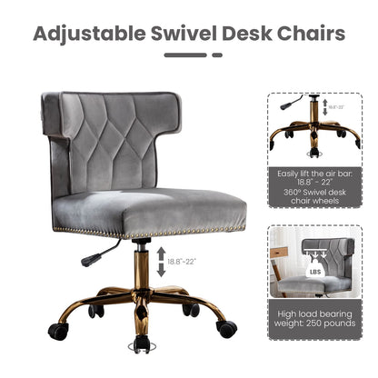 Recaceik Velvet Home Office Chair, Modern Adjustable Swivel Desk Chairs with High Back 360 Degree Castor Gold Wheels for Living Room/Bedroom/Office (Gray)