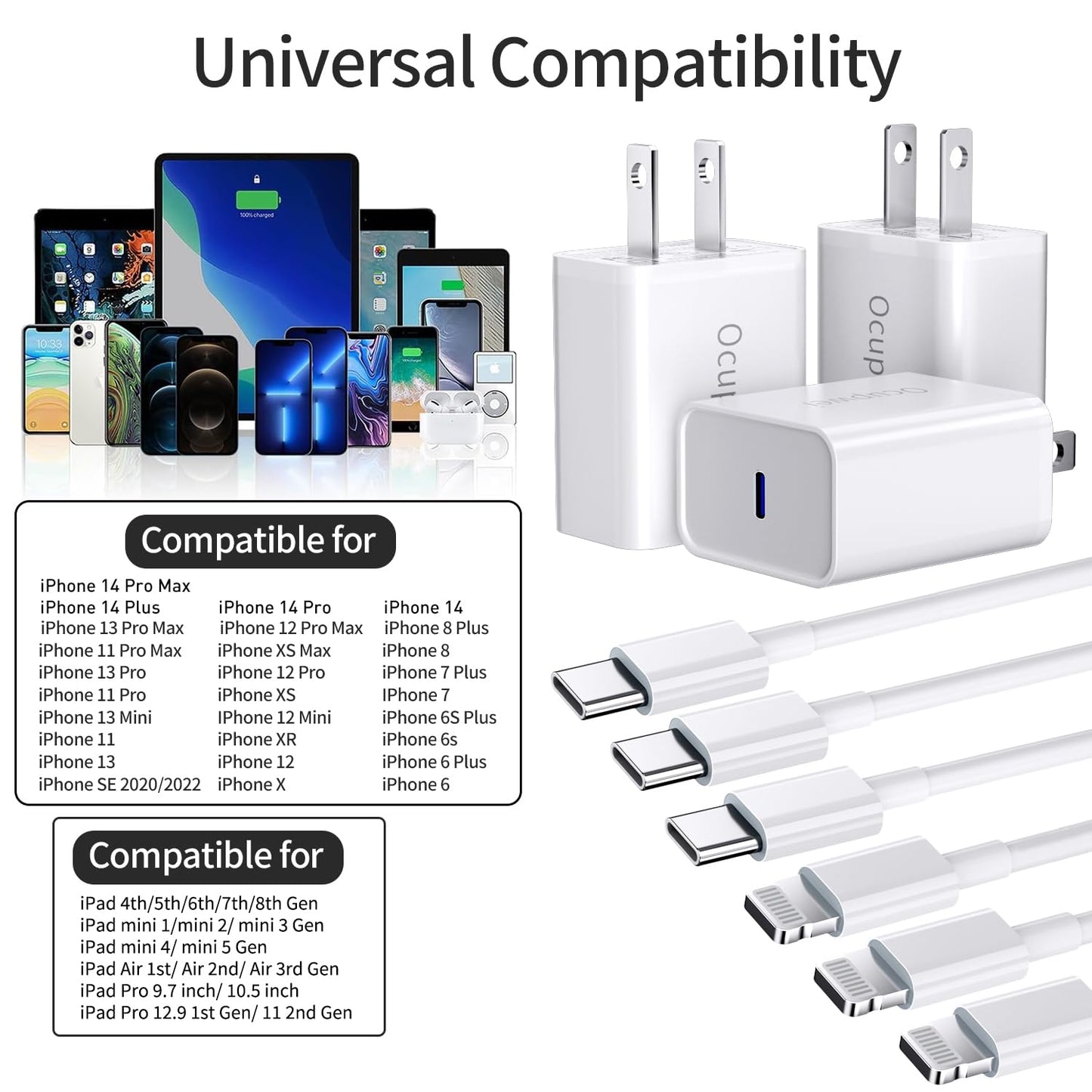 3-Pack Fast Charging Wall Charger with Cable