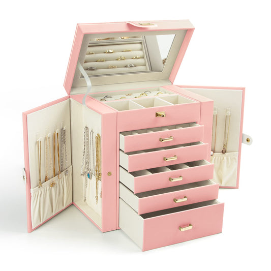 KAMIER Jewelry Box for Women, 6-Layer Large Jewelry Organizer Box with Mirror & 5 Drawers for Rings, Earrings, Necklaces, Bracelets,Pink