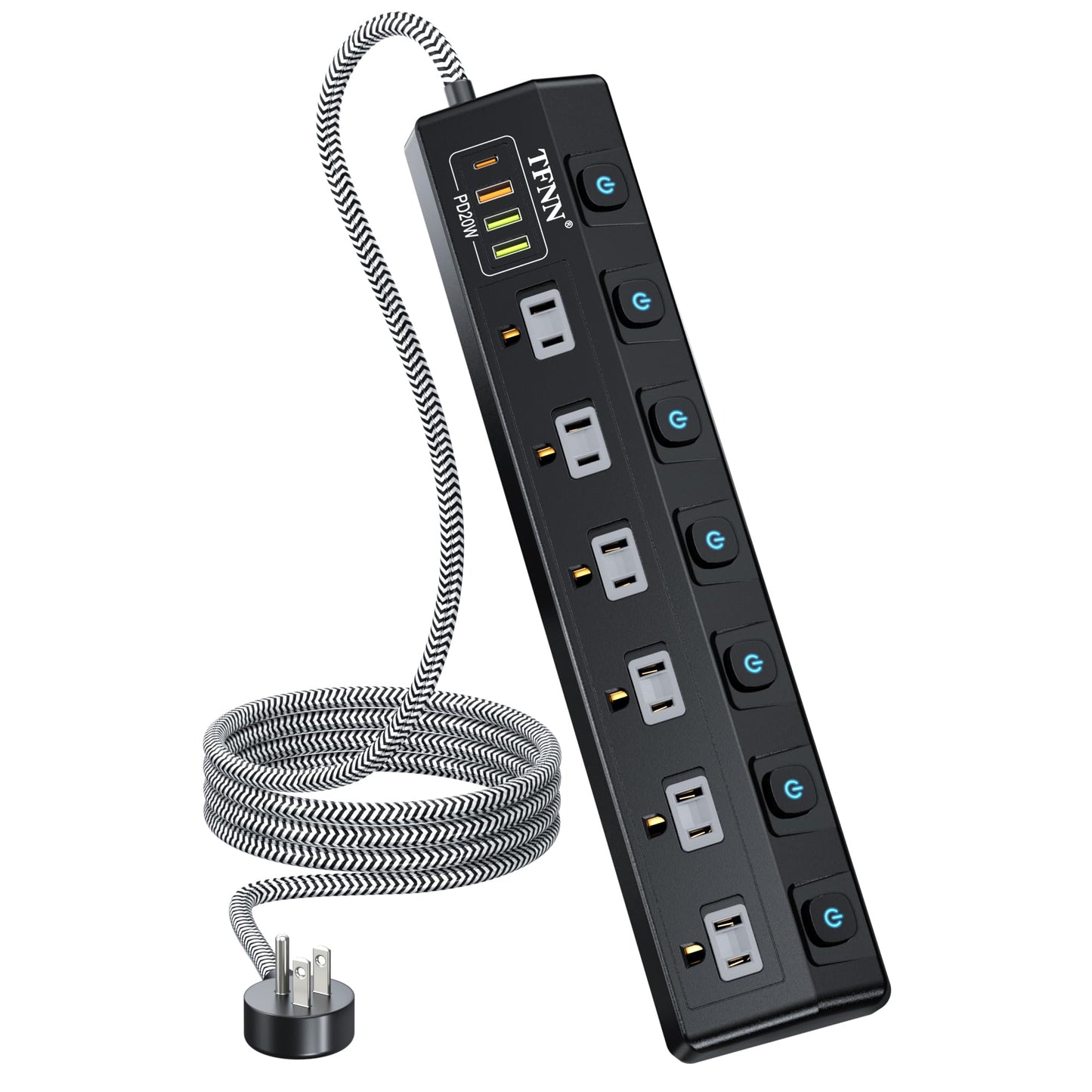 Power Strip with USB Ports,5FT Total 70W 4 USB Charging Station,USB-C(PD 20W) 3USB-A(QC20W*1,5V3A*2),Individually Switchable 1875W Extension Cord with 6 Outlets,Overload Protection