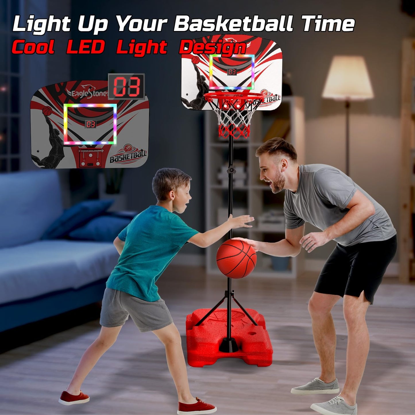 Eaglestone Kid Basketball Hoop Toddlers with LED Lights & Scoreboard, Basketball Hoop Adjustable Height 2.9ft-6ft, Mini Hoop Outdoor with 3 Balls,Basketball Toy Gifts for 3-12 Year Old Boys Girls