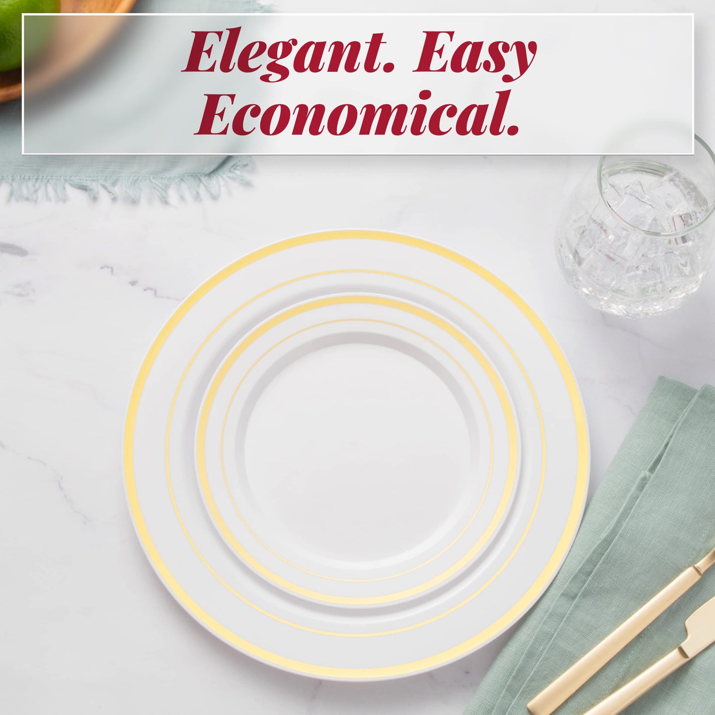 Prestee 50-pc Plastic Gold Plates, 25 Plastic Dinner Plates & 25 Salad Small Plastic Plates, White/Gold Rimmed Plastic Plates for Dessert Appetizer Parties Holiday Wedding Thanksgiving Plastic Plates