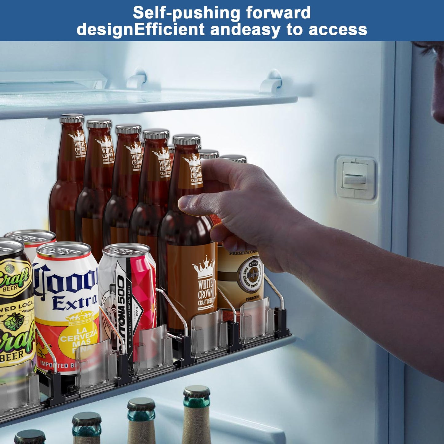 JUNMEI Drink Organizer for Fridge,12oz 16oz 20oz - Soda Can Dispenser for Refrigerator,Width Adjustable,Automatic Pusher Glide,15" D,Black,3 ROW,Holds 15 Bottles