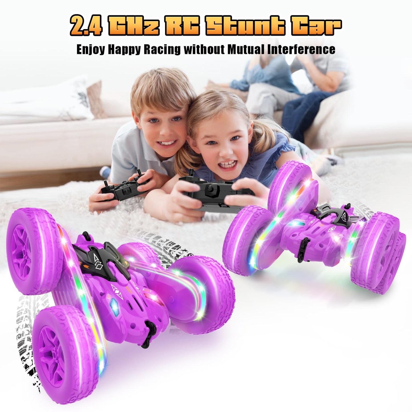 Jimdella Remote Control Car,RC Cars with sides light strip and Headlights,Double Sided 360 Flips Rotating RC Stunt Car,2.4Ghz All Terrain Toys for Ages 4-6 Kid Toy for Boys Girls Birthday Gift(Purple)